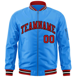 Custom Powder Blue Red-Black Varsity Full-Zip Letterman Bomber Jacket