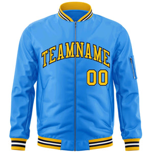 Custom Powder Blue Gold-Black Varsity Full-Zip Letterman Bomber Jacket