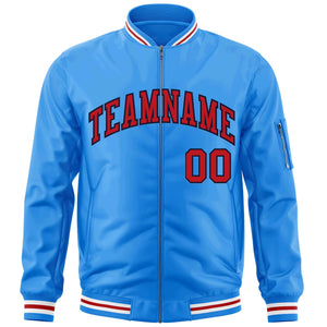 Custom Powder Blue Red-Navy Varsity Full-Zip Letterman Bomber Jacket