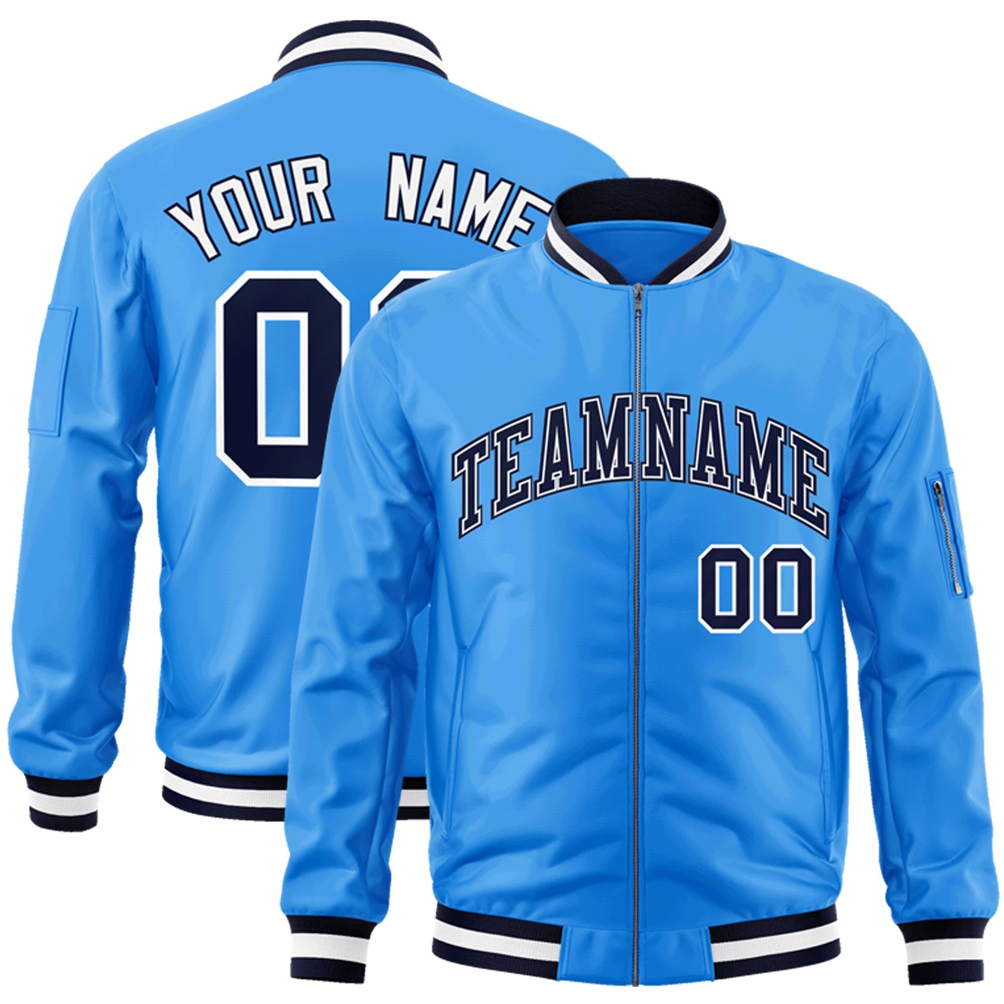 Custom Powder Blue Navy-White Varsity Full-Zip Letterman Bomber Jacket