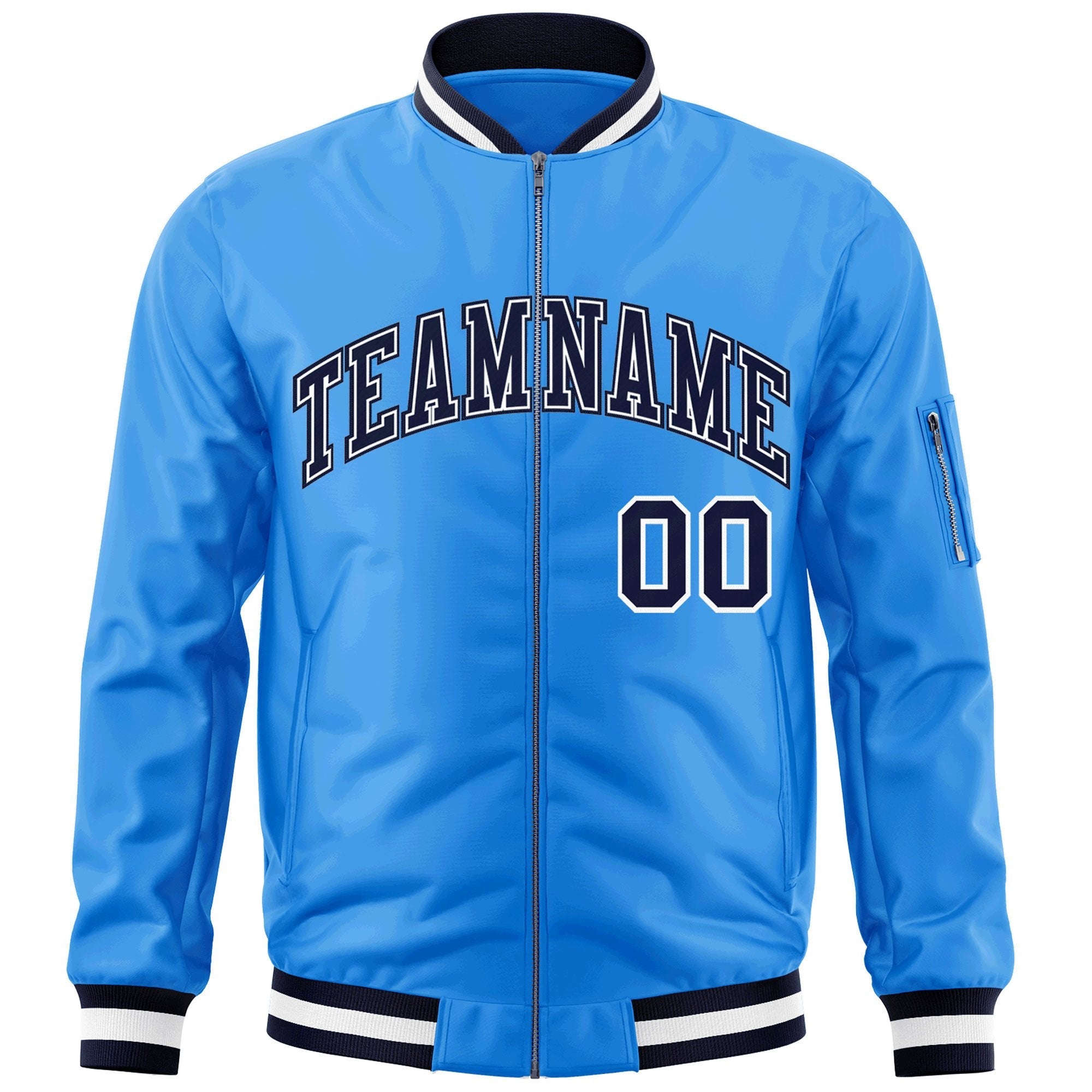 Custom Powder Blue Navy-White Varsity Full-Zip Letterman Bomber Jacket