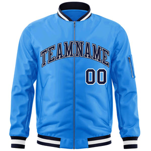 Custom Powder Blue Navy-White Varsity Full-Zip Letterman Bomber Jacket