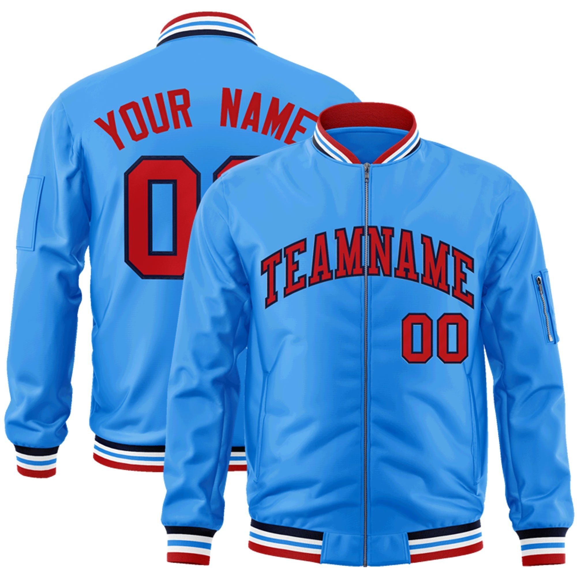 Custom Powder Blue Red-Navy Varsity Full-Zip Letterman Bomber Jacket