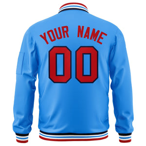 Custom Powder Blue Red-Navy Varsity Full-Zip Letterman Bomber Jacket