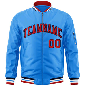 Custom Powder Blue Red-Navy Varsity Full-Zip Letterman Bomber Jacket