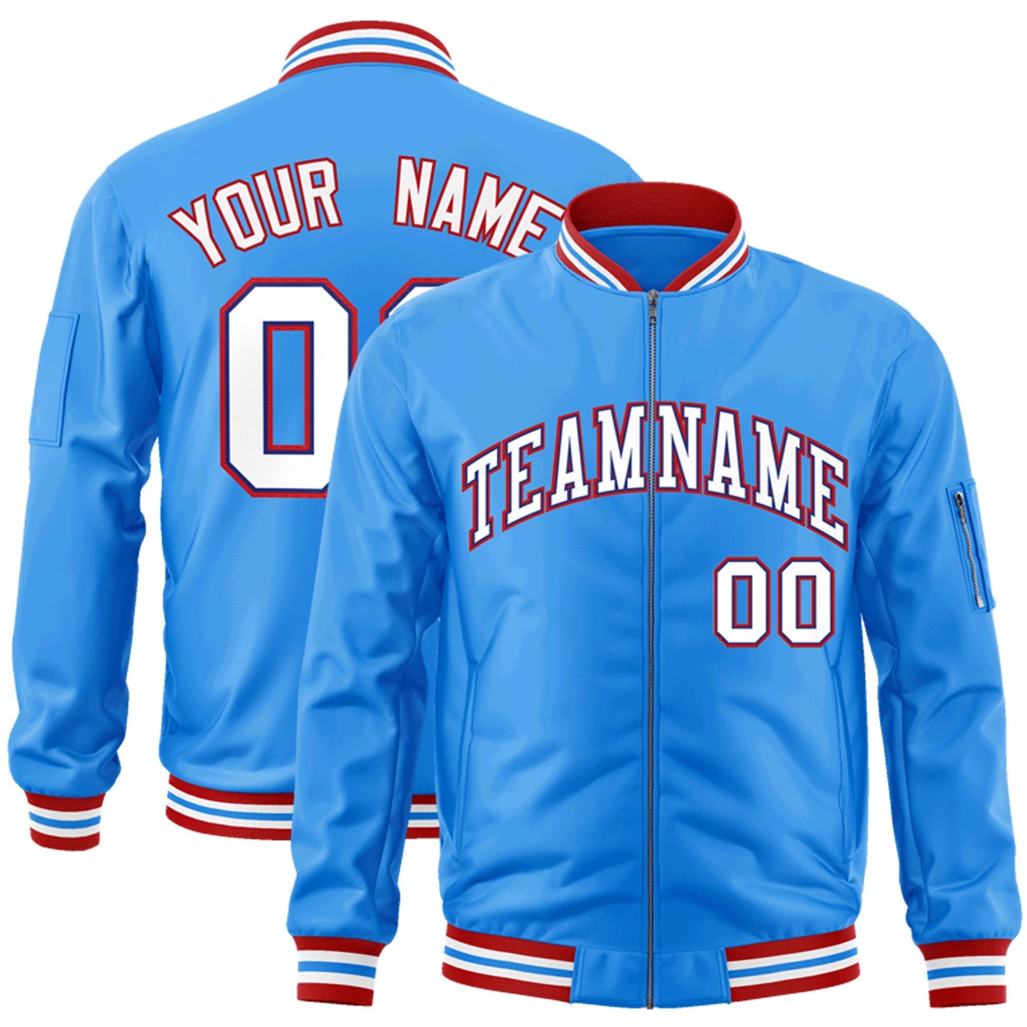 Custom Powder Blue White-Red Varsity Full-Zip Letterman Bomber Jacket