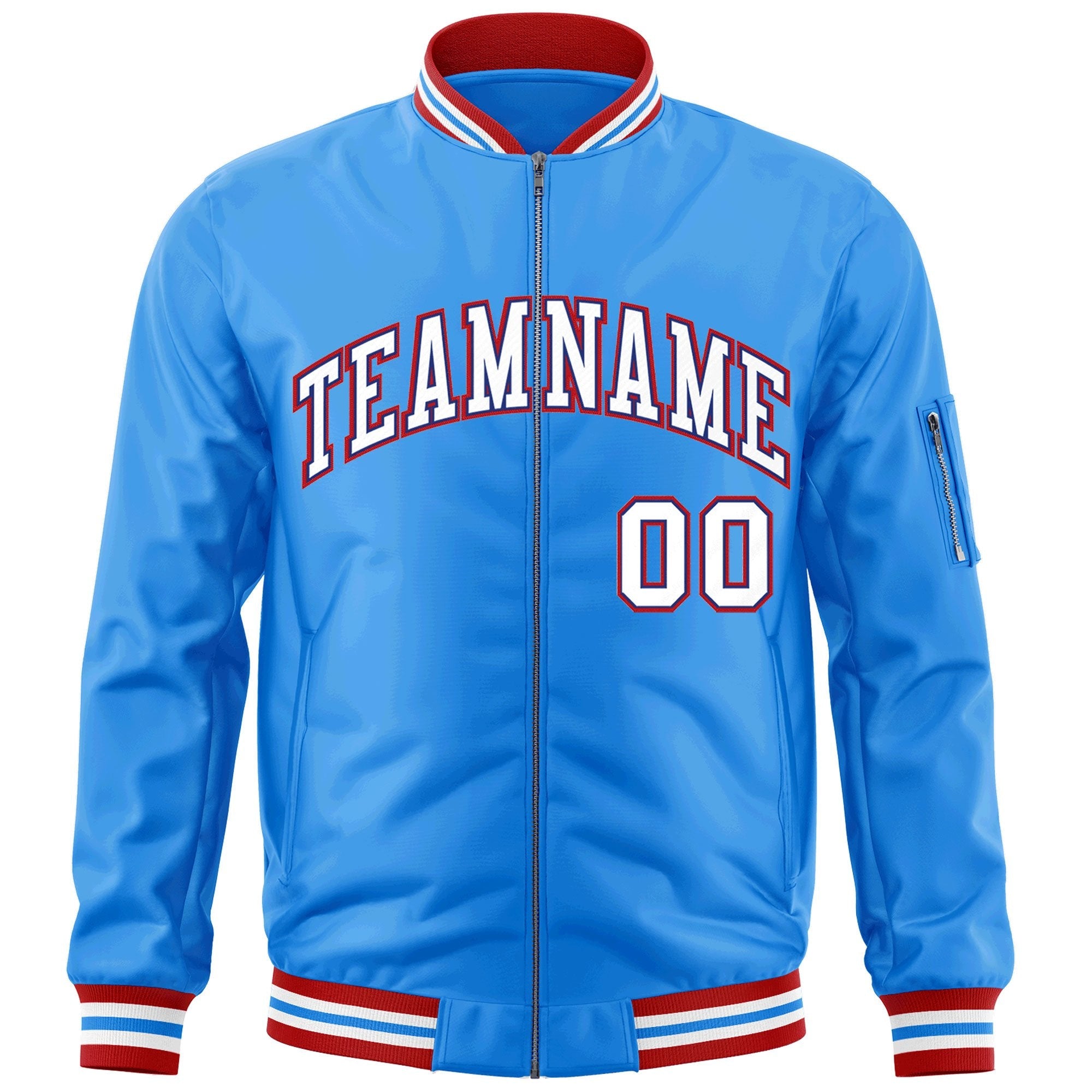 Custom Powder Blue White-Red Varsity Full-Zip Letterman Bomber Jacket