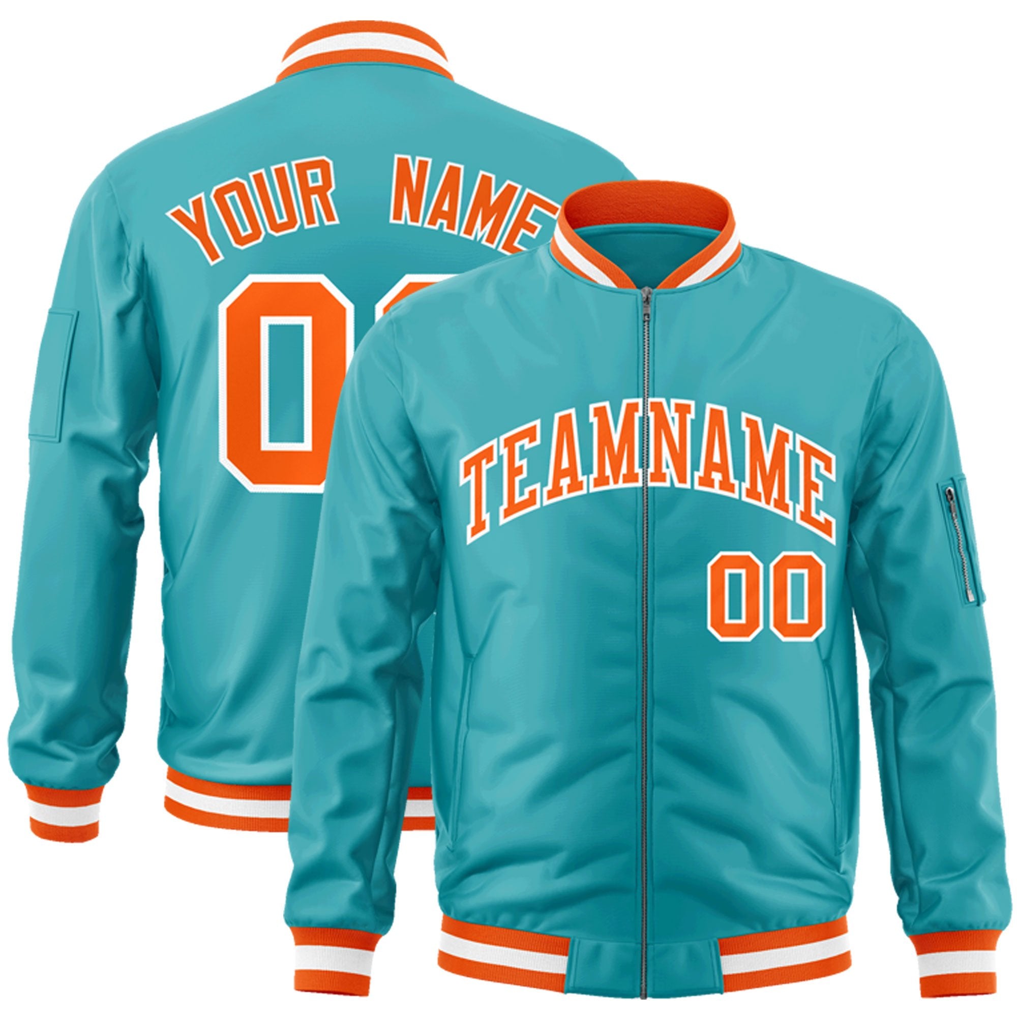 Custom Aqua Orange-White Varsity Full-Zip Letterman Bomber Jacket