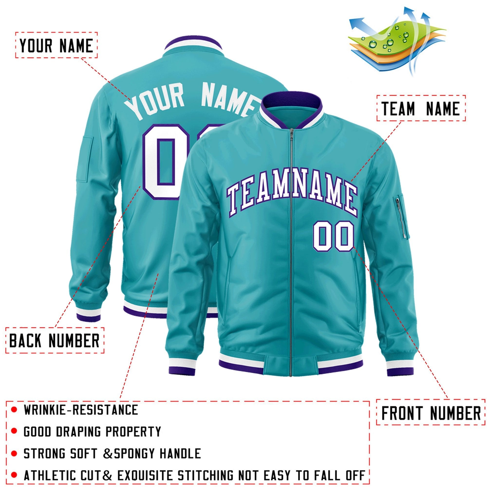 Custom Aqua White-Purple Varsity Full-Zip Letterman Bomber Jacket