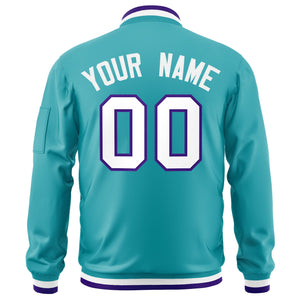 Custom Aqua White-Purple Varsity Full-Zip Letterman Bomber Jacket