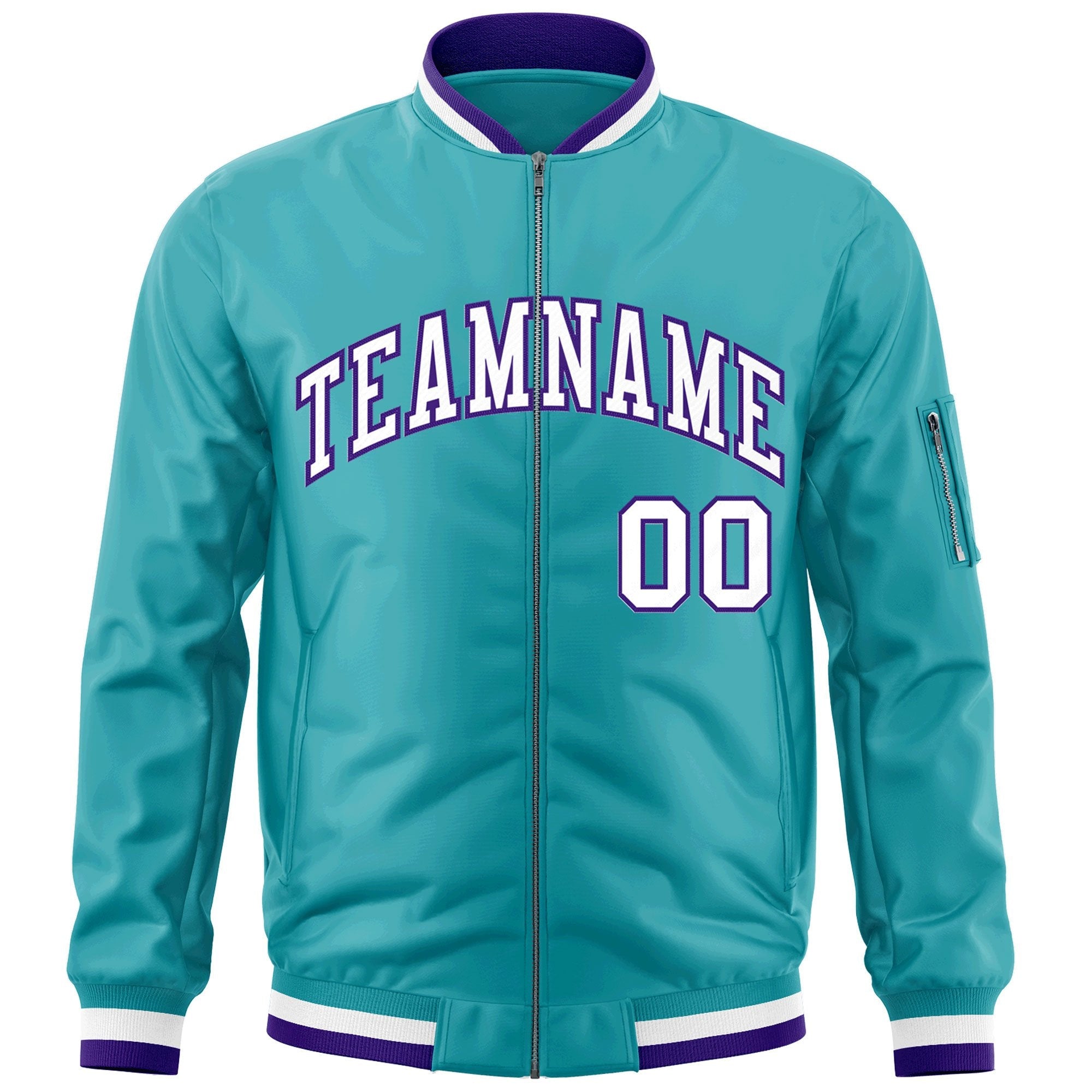 Custom Aqua White-Purple Varsity Full-Zip Letterman Bomber Jacket