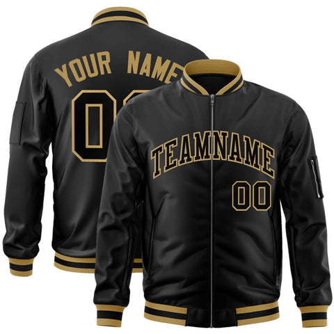 Custom Black Black-Old Gold Varsity Full-Zip Letterman Bomber Jacket