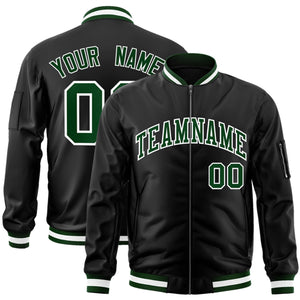 Custom Black Green-White Varsity Full-Zip Letterman Bomber Jacket