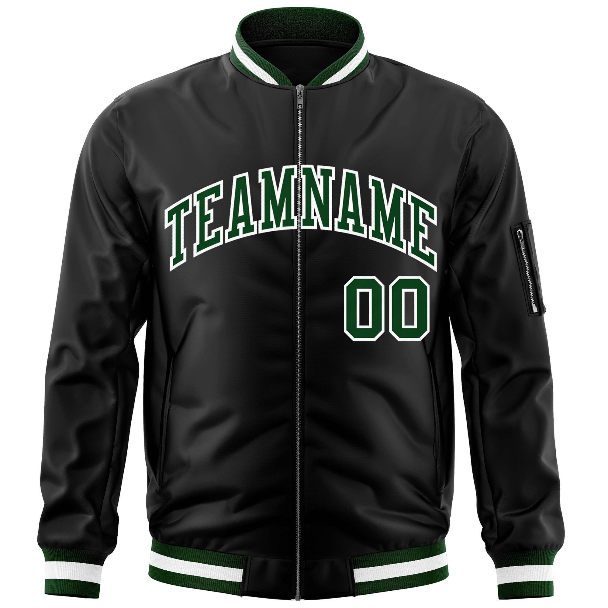 Custom Black Green-White Varsity Full-Zip Letterman Bomber Jacket