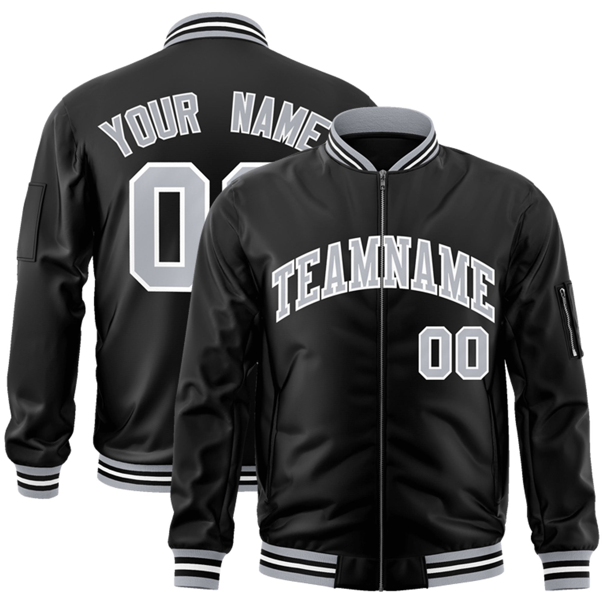 Custom Black Gray-White Varsity Full-Zip Letterman Bomber Jacket