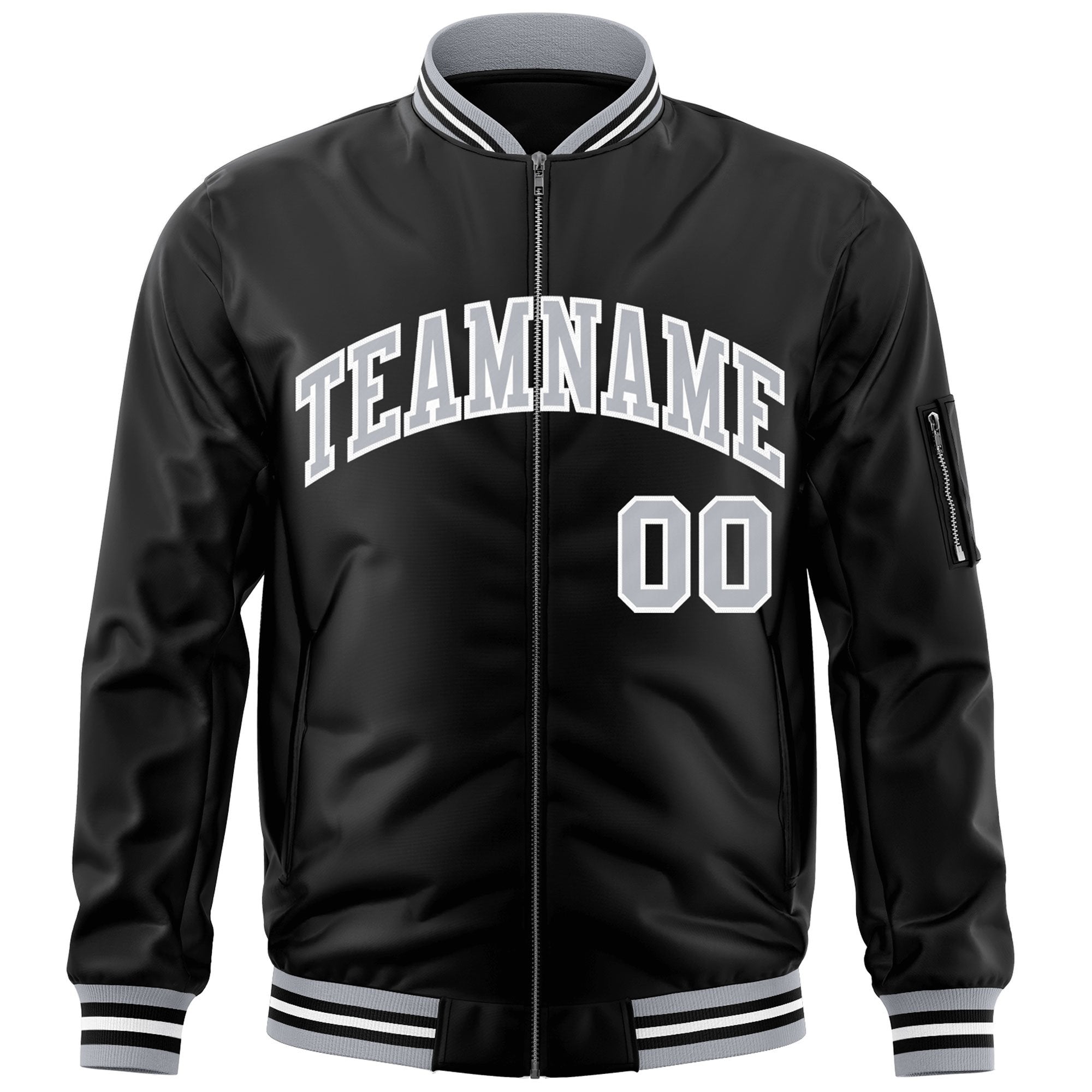 Custom Black Gray-White Varsity Full-Zip Letterman Bomber Jacket