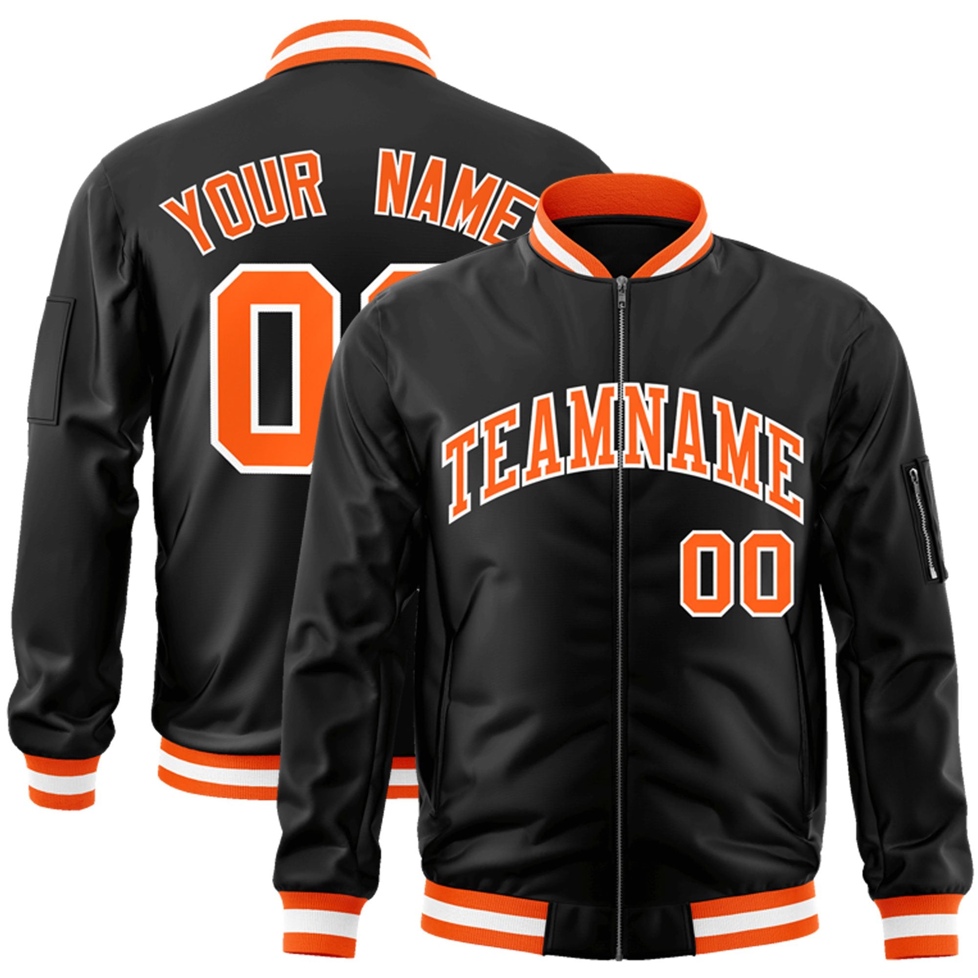 Custom Black Orange-White Varsity Full-Zip Letterman Bomber Jacket