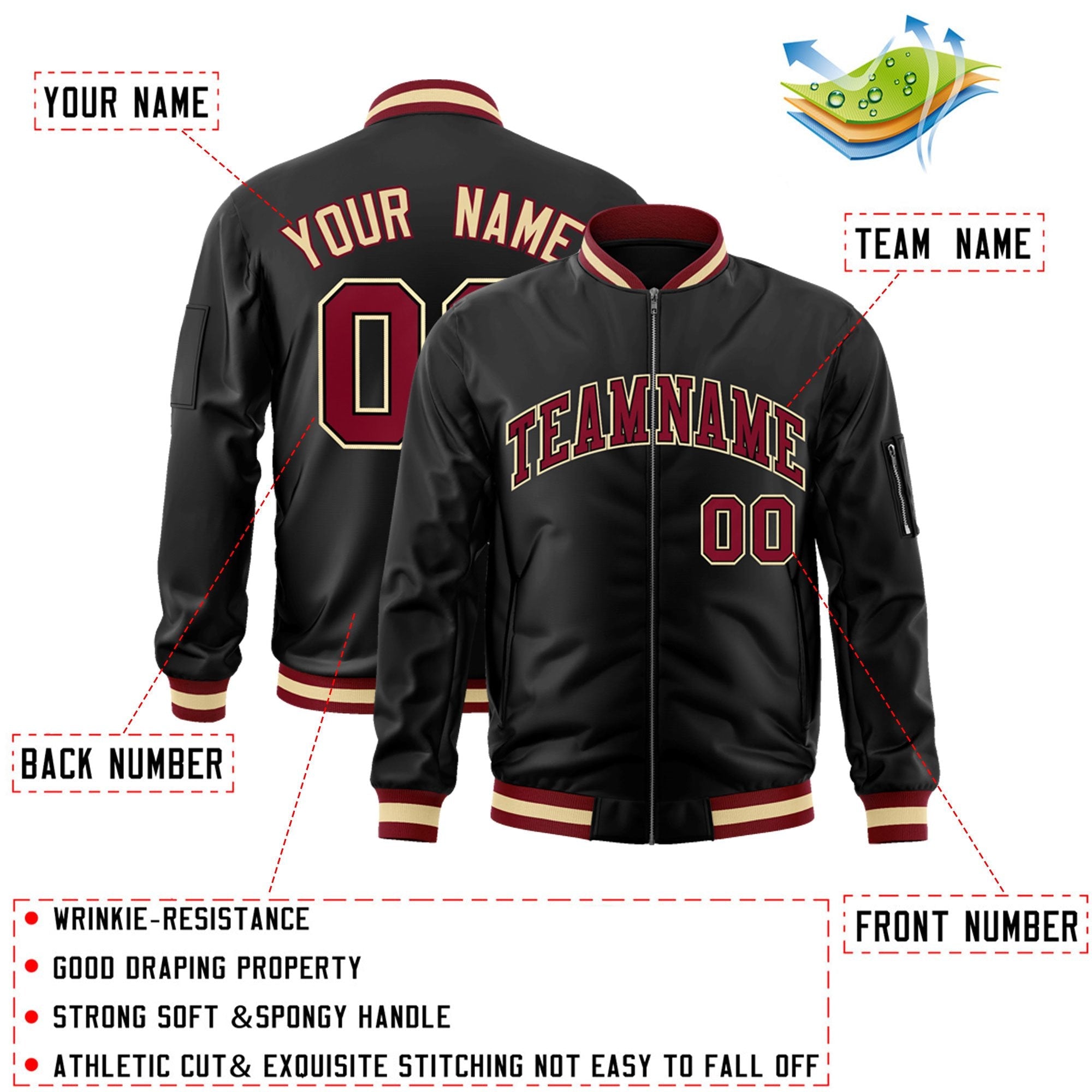 Custom Black Crimson-Black Varsity Full-Zip Letterman Bomber Jacket