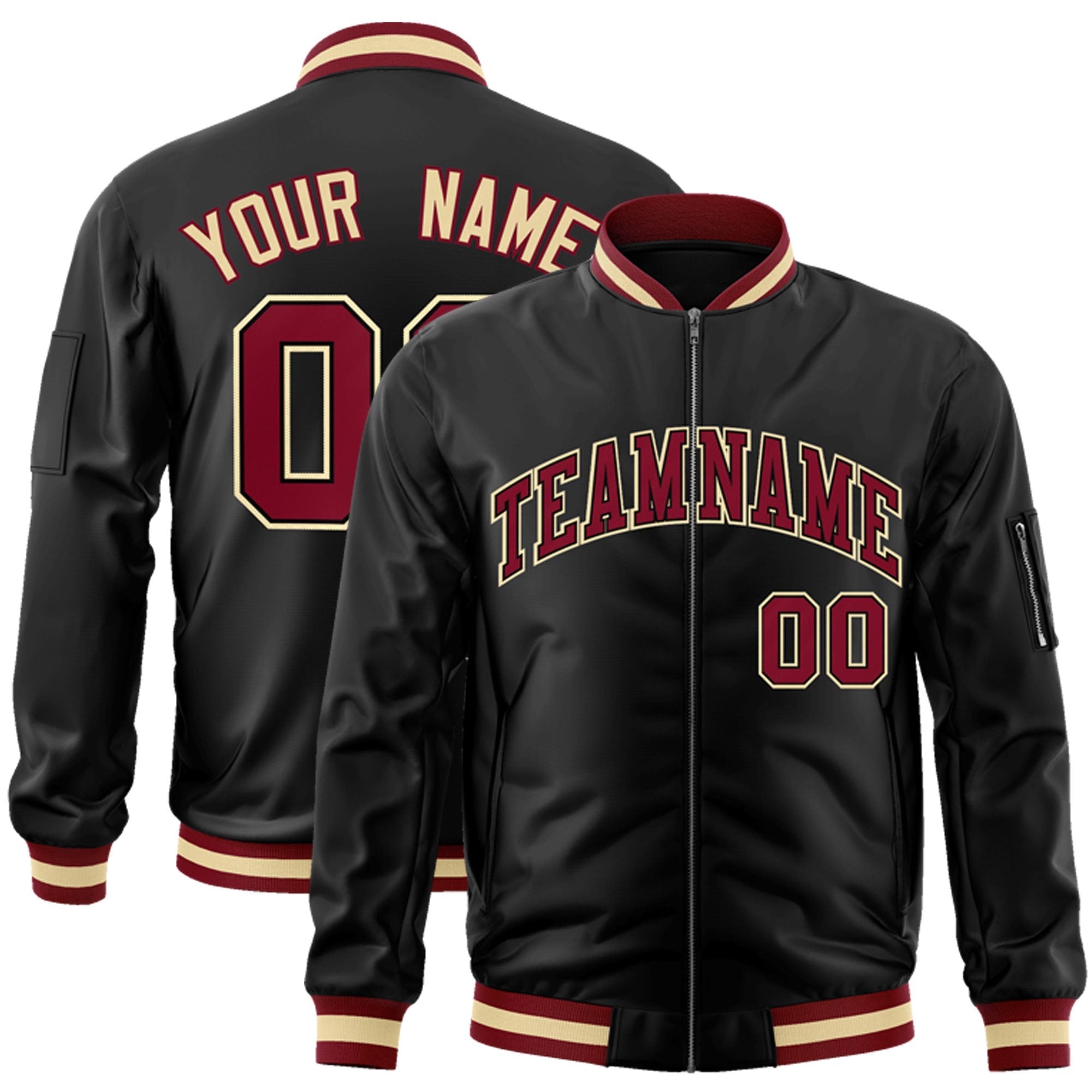 Custom Black Crimson-Black Varsity Full-Zip Letterman Bomber Jacket