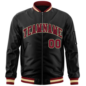 Custom Black Crimson-Black Varsity Full-Zip Letterman Bomber Jacket