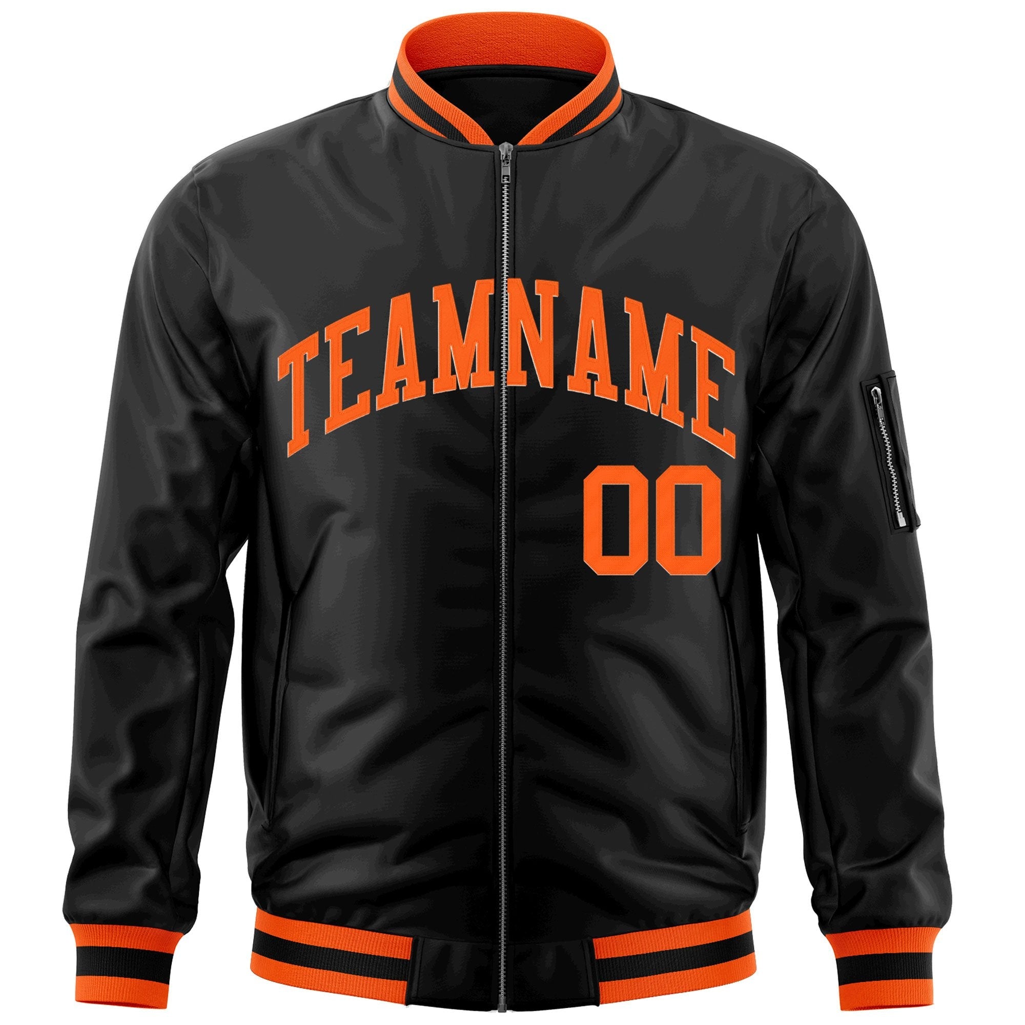 Custom Black Orange Varsity Full-Zip Letterman Bomber Jacket