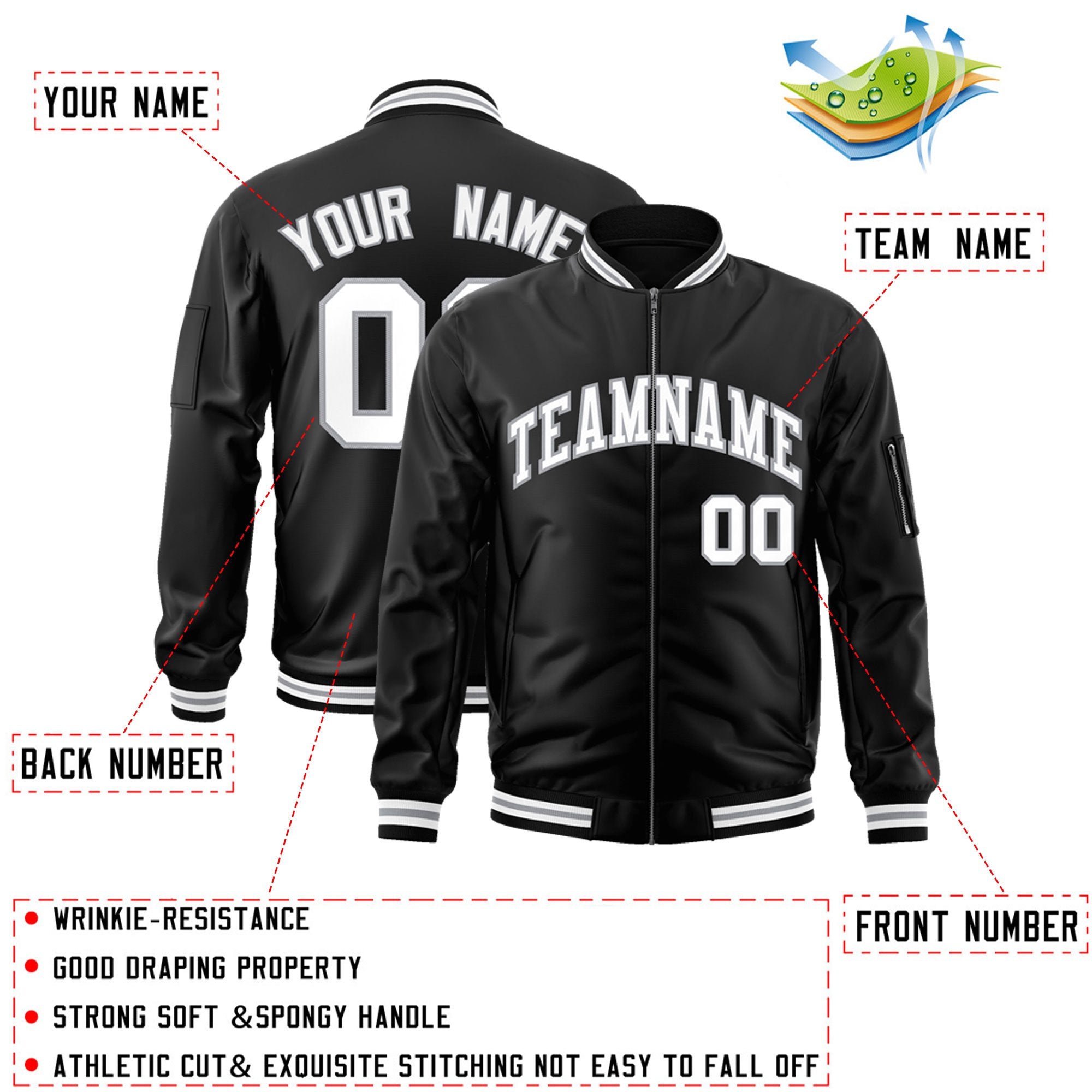 Custom Black White-Gray Varsity Full-Zip Letterman Bomber Jacket