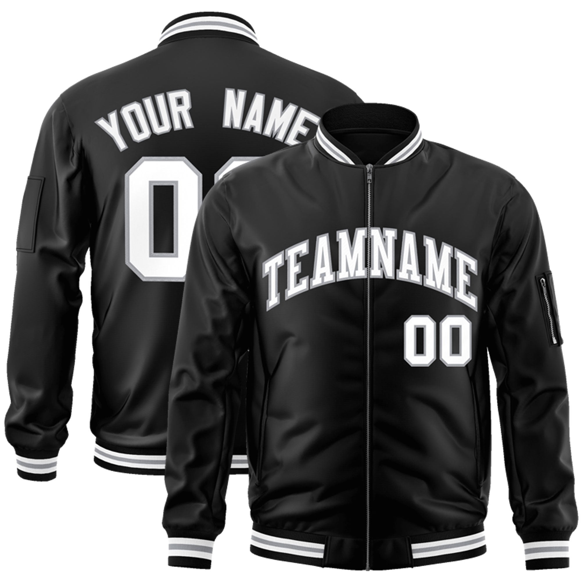 Custom Black White-Gray Varsity Full-Zip Letterman Bomber Jacket