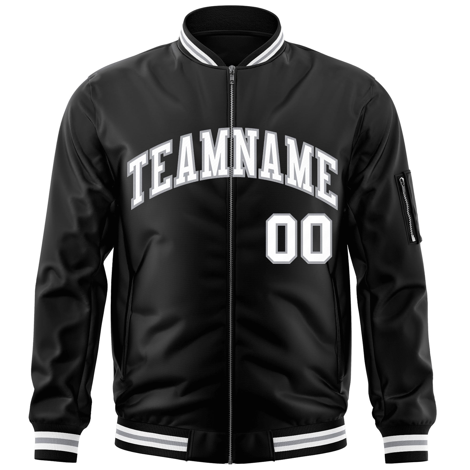 Custom Black White-Gray Varsity Full-Zip Letterman Bomber Jacket