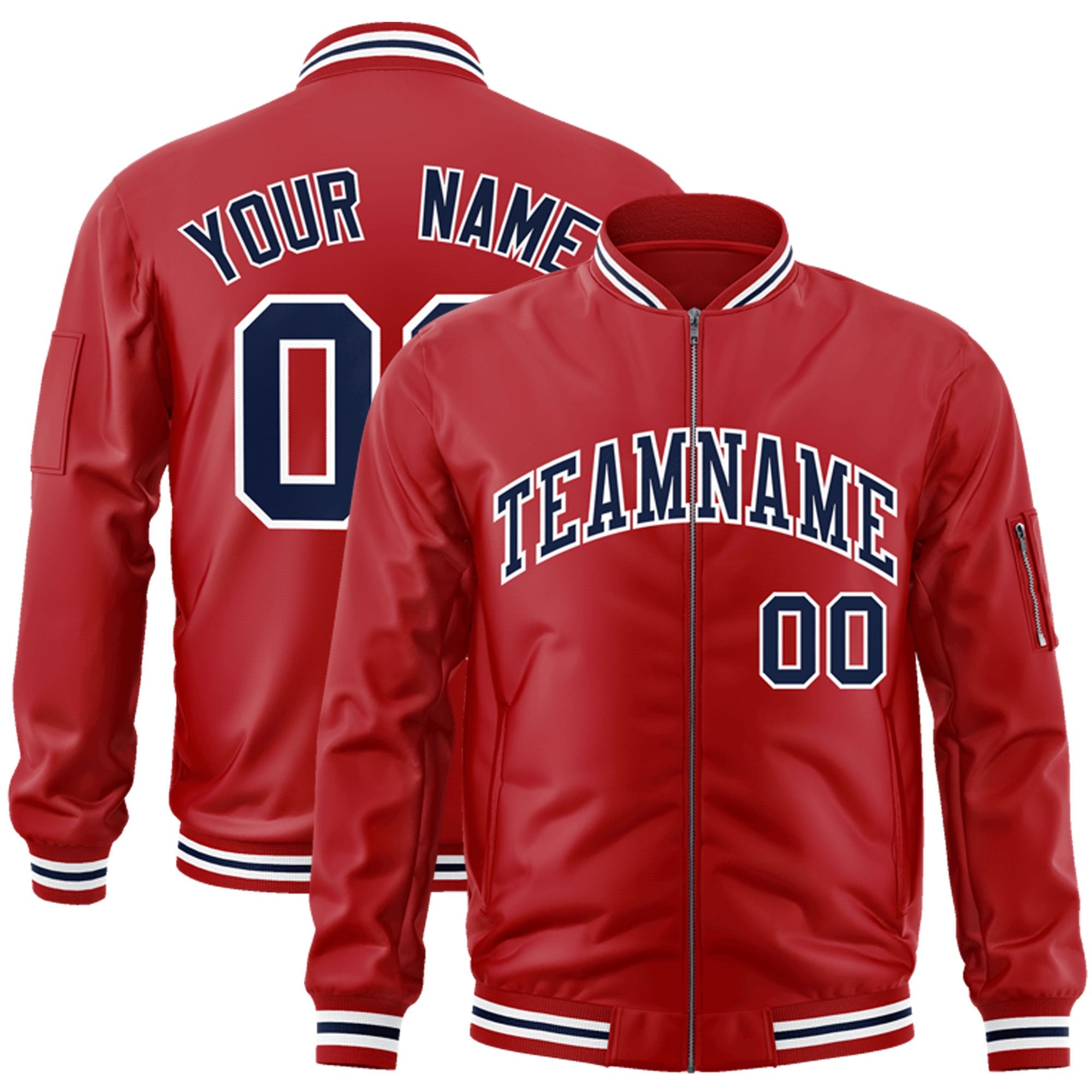 Custom Red Navy-White Varsity Full-Zip Letterman Bomber Jacket