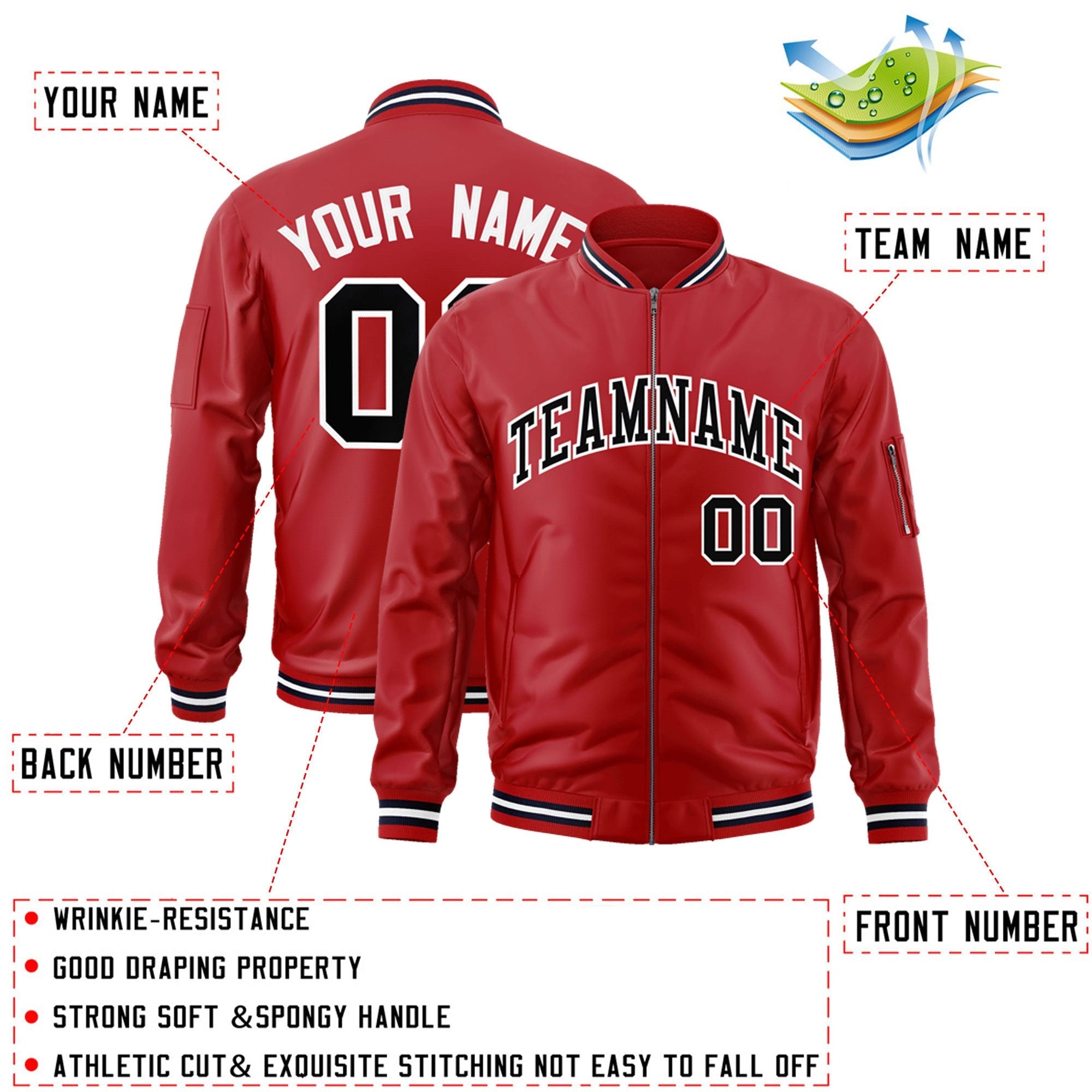 Custom Red Black-White Varsity Full-Zip Letterman Bomber Jacket