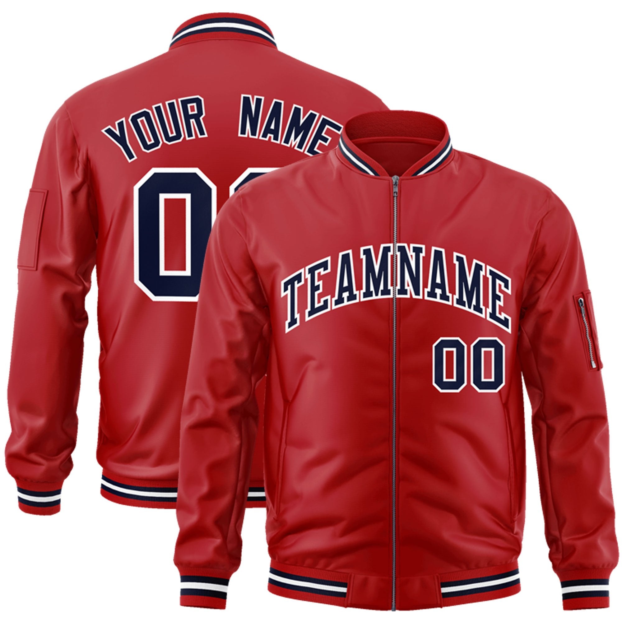 Custom Red Navy-White Varsity Full-Zip Letterman Bomber Jacket