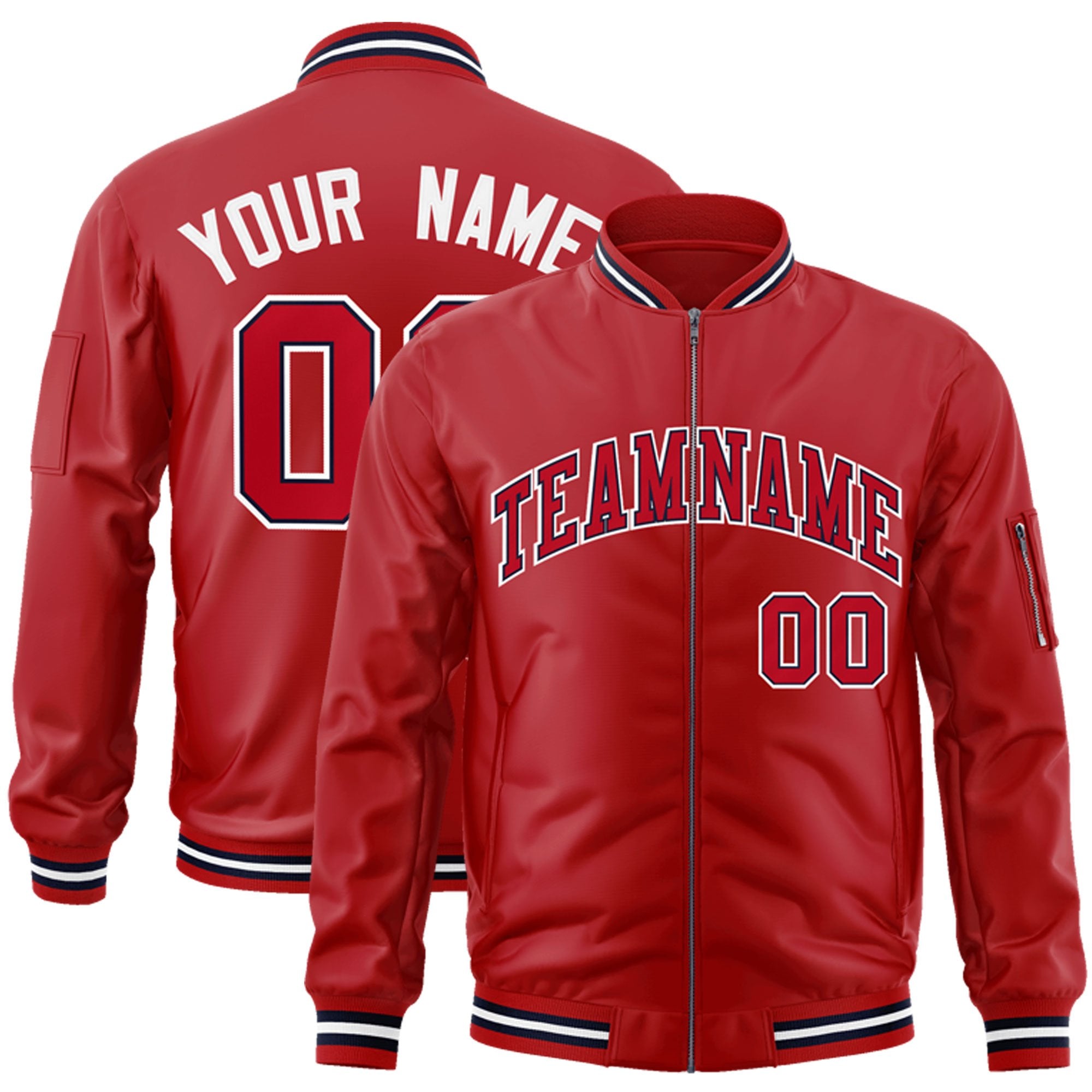 Custom Red Navy-White Varsity Full-Zip Letterman Bomber Jacket