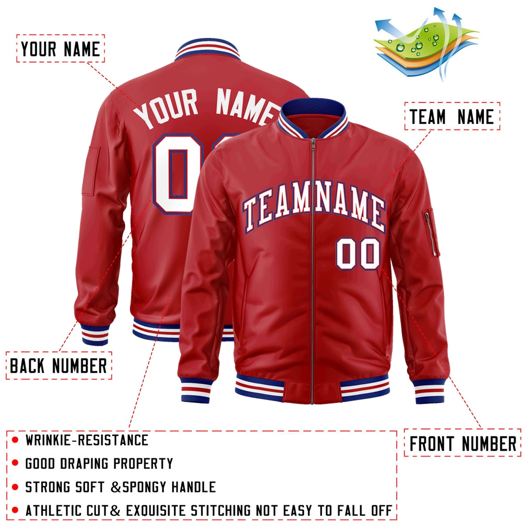 Custom Red White-Royal Varsity Full-Zip Letterman Bomber Jacket