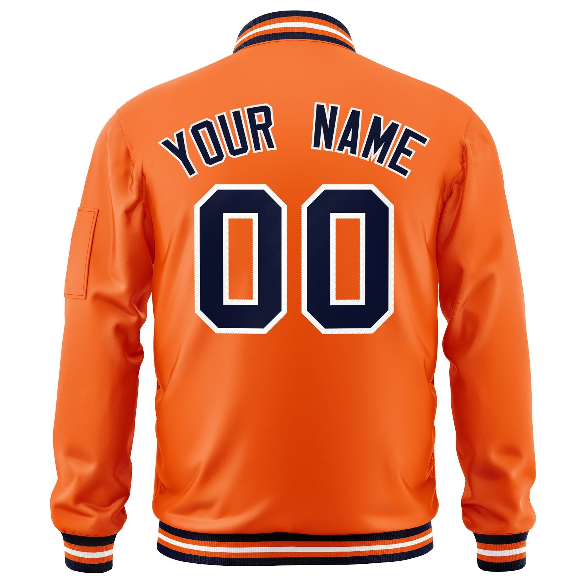 Custom Orange Navy-White Varsity Full-Zip Letterman Bomber Jacket