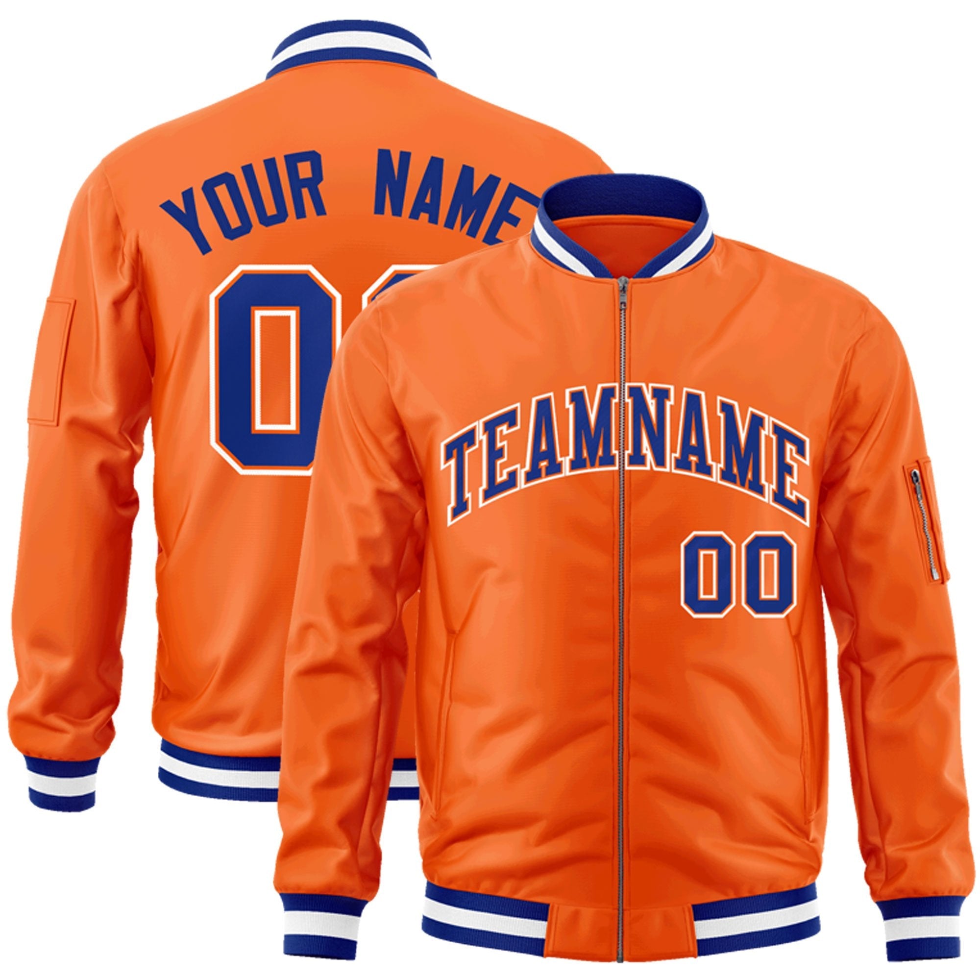 Custom Orange Royal-White Varsity Full-Zip Letterman Bomber Jacket