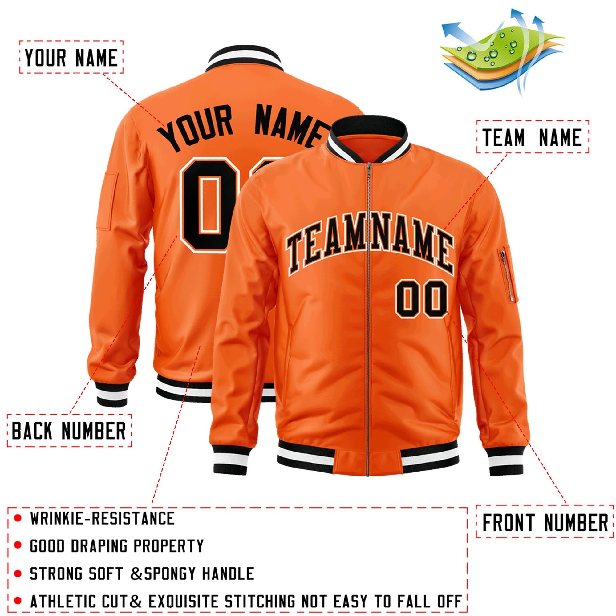 Custom Orange Black-White Varsity Full-Zip Letterman Bomber Jacket