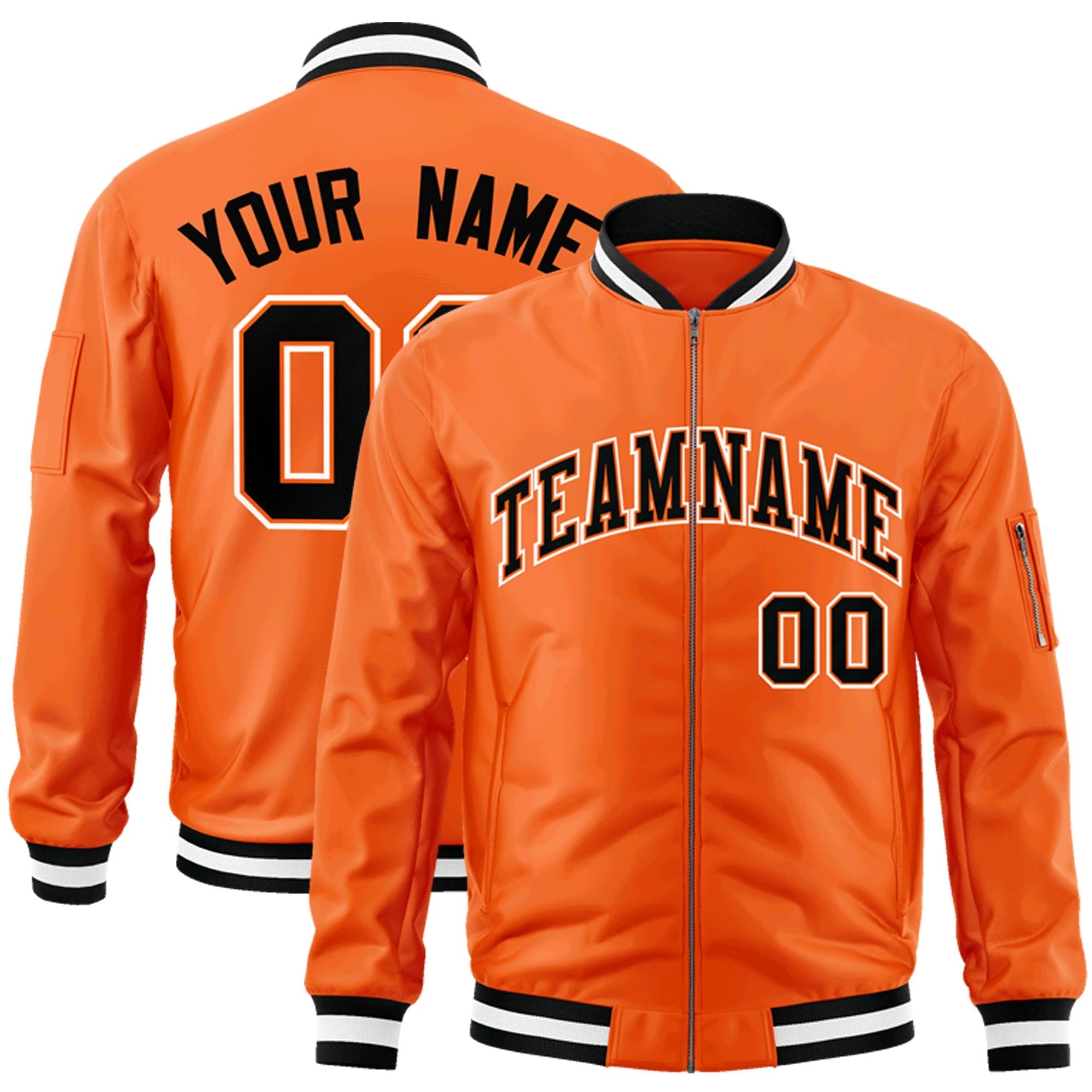 Custom Orange Black-White Varsity Full-Zip Letterman Bomber Jacket