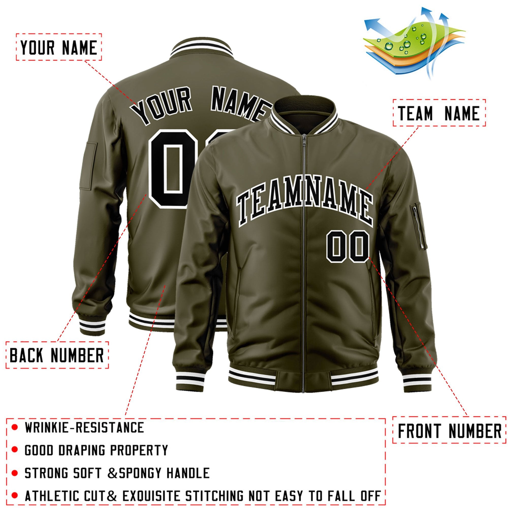 Custom Olive Black-White Varsity Full-Zip Letterman Bomber Jacket