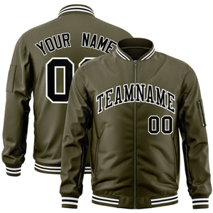 Custom Olive Black-White Varsity Full-Zip Letterman Bomber Jacket