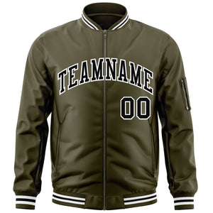 Custom Olive Black-White Varsity Full-Zip Letterman Bomber Jacket