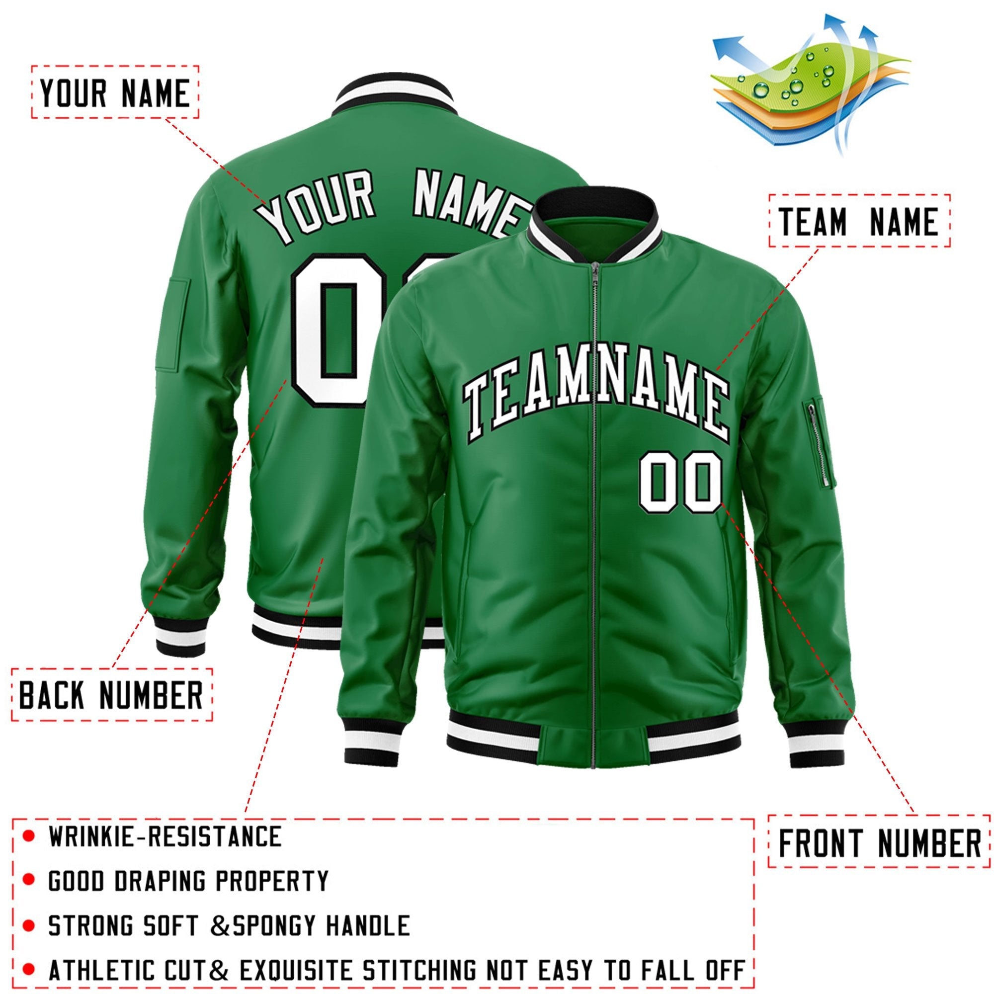 Custom Kelly Green White-Black Varsity Full-Zip Letterman Bomber Jacket