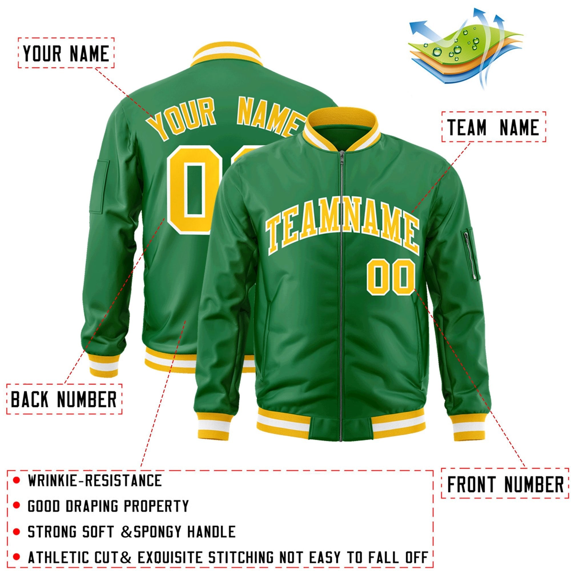 Custom Kelly Green Gold-White Varsity Full-Zip Letterman Bomber Jacket