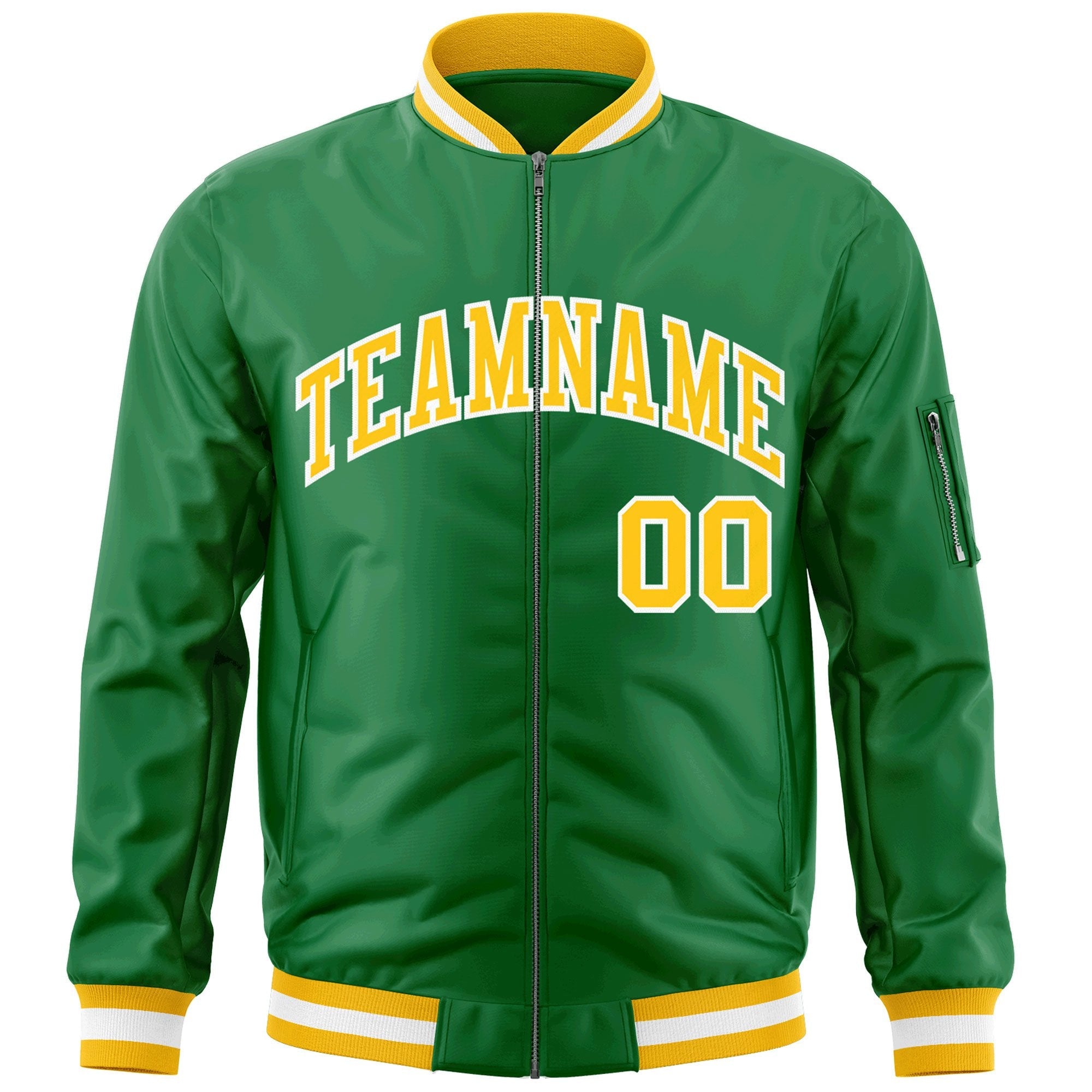 Custom Kelly Green Gold-White Varsity Full-Zip Letterman Bomber Jacket