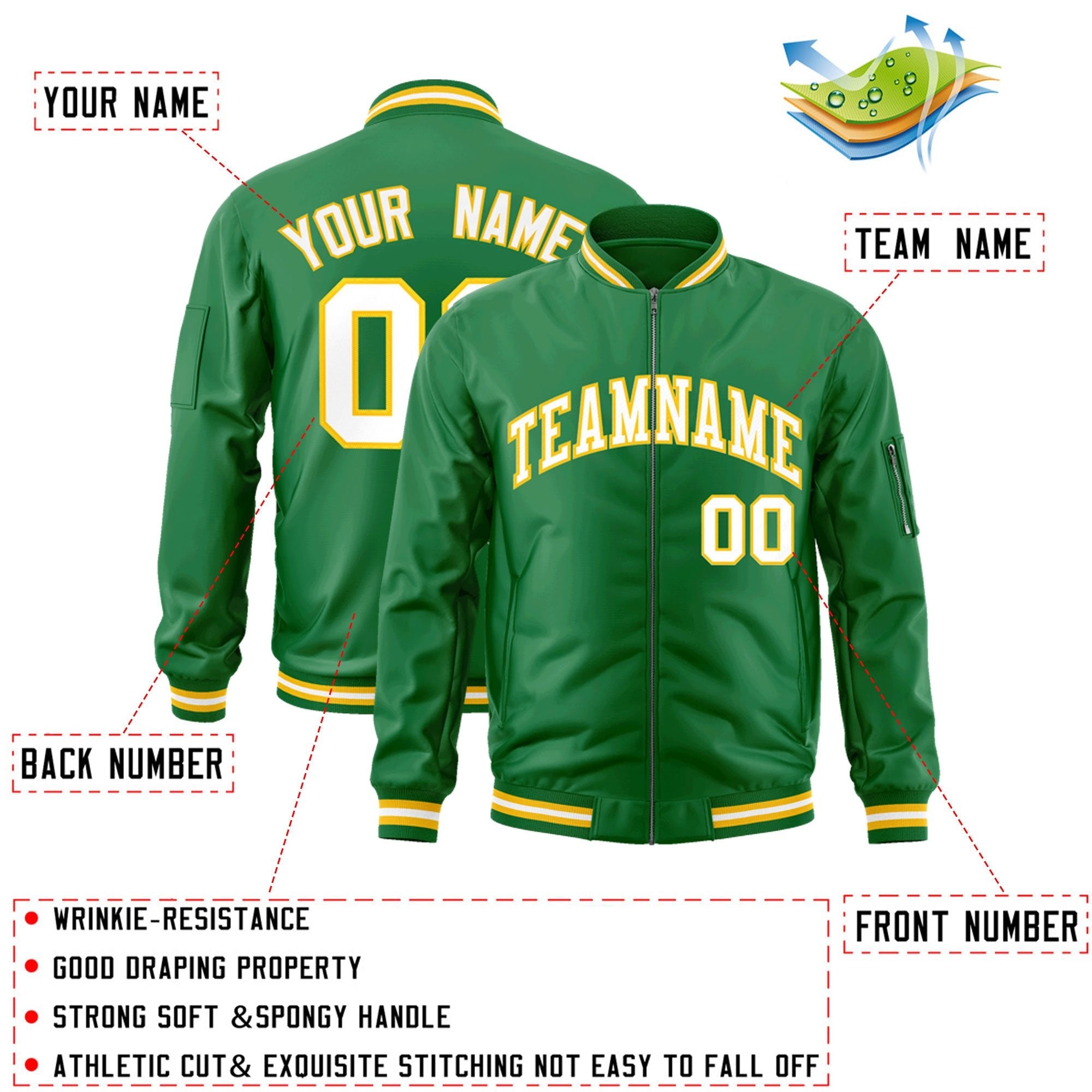 Custom Kelly Green White-Gold Varsity Full-Zip Letterman Bomber Jacket