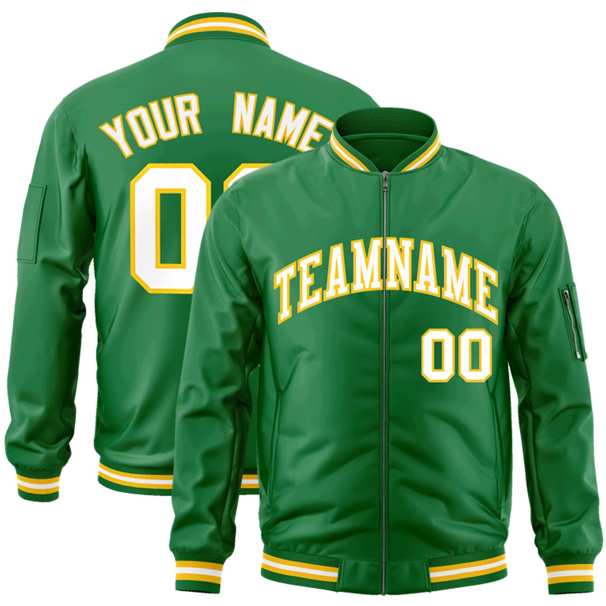 Custom Kelly Green White-Gold Varsity Full-Zip Letterman Bomber Jacket