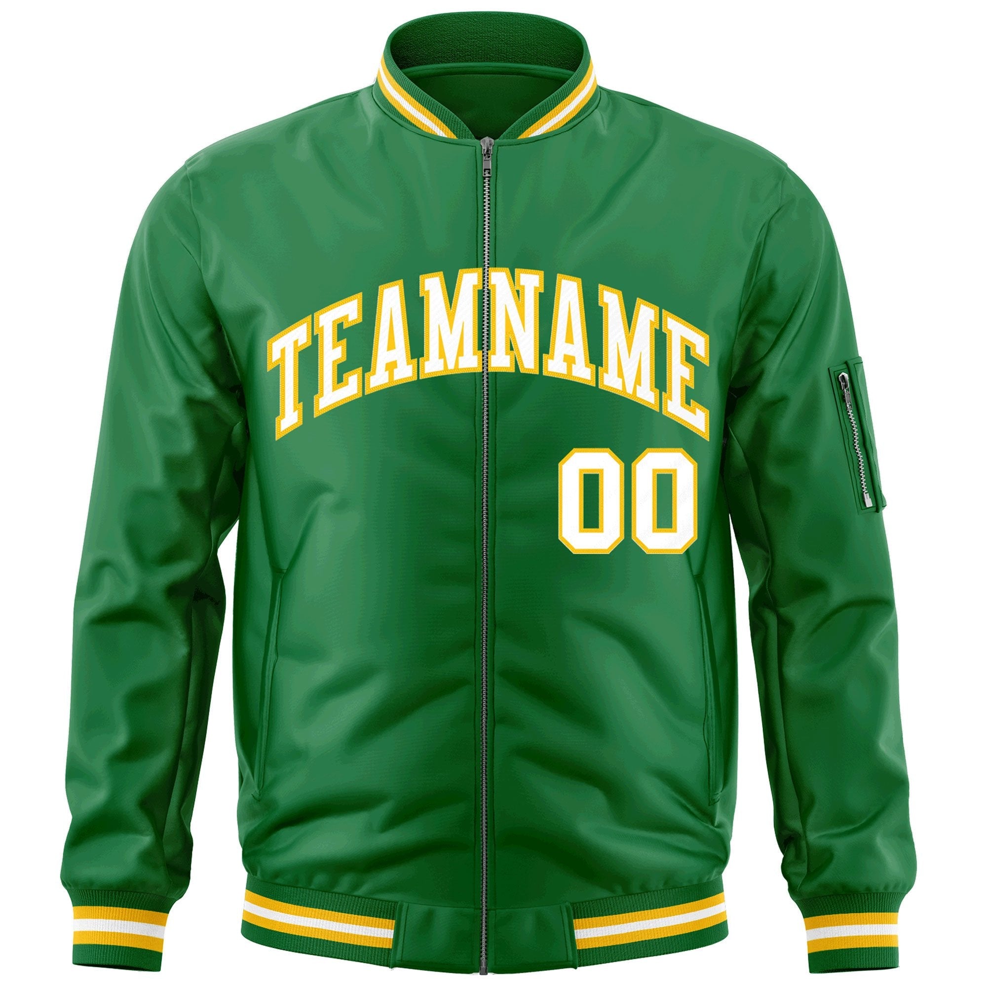 Custom Kelly Green White-Gold Varsity Full-Zip Letterman Bomber Jacket