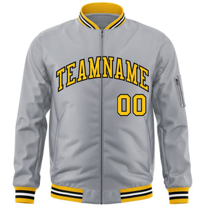 Custom Gray Gold-Black Varsity Full-Zip Letterman Bomber Jacket