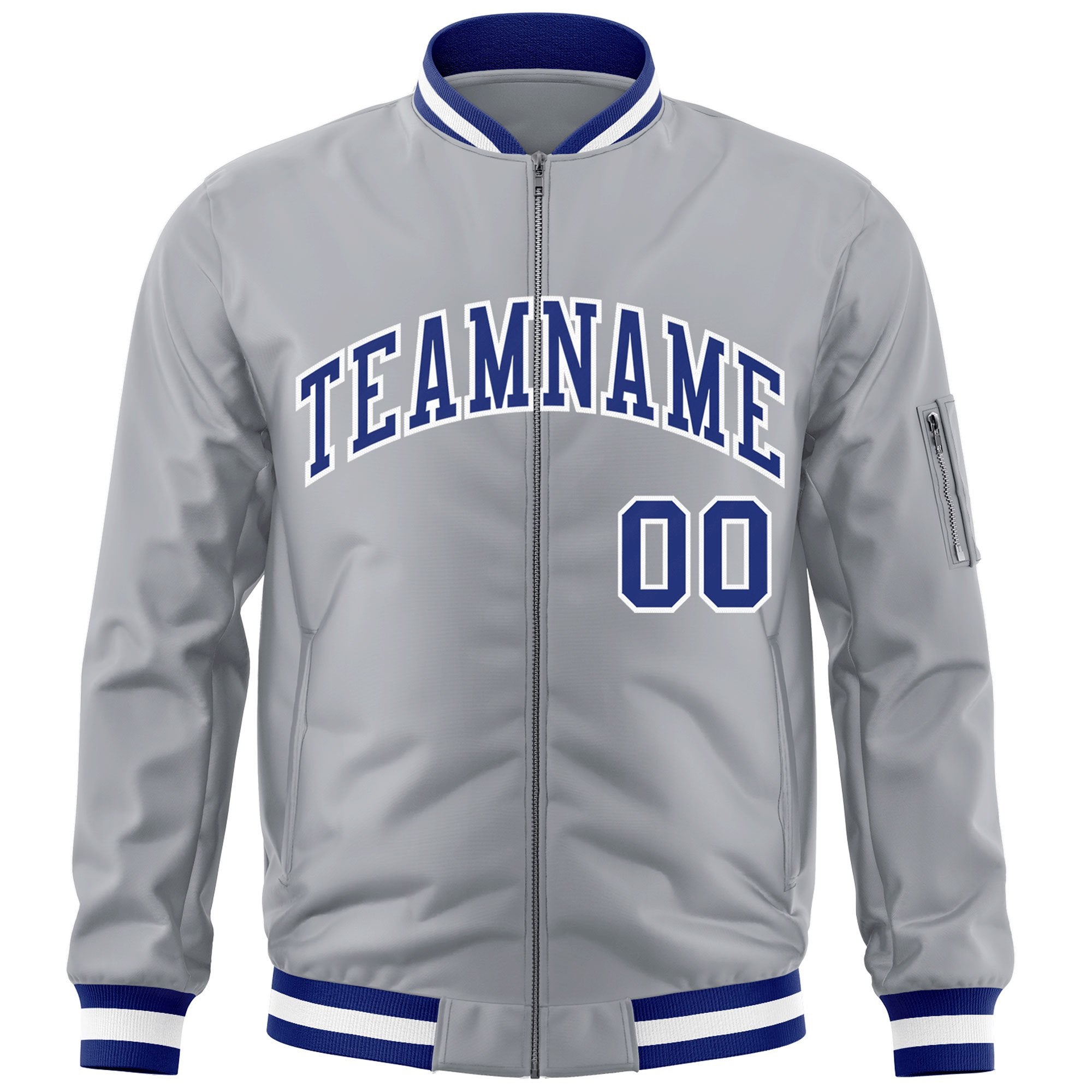 Custom Gray Royal-White Varsity Full-Zip Letterman Bomber Jacket