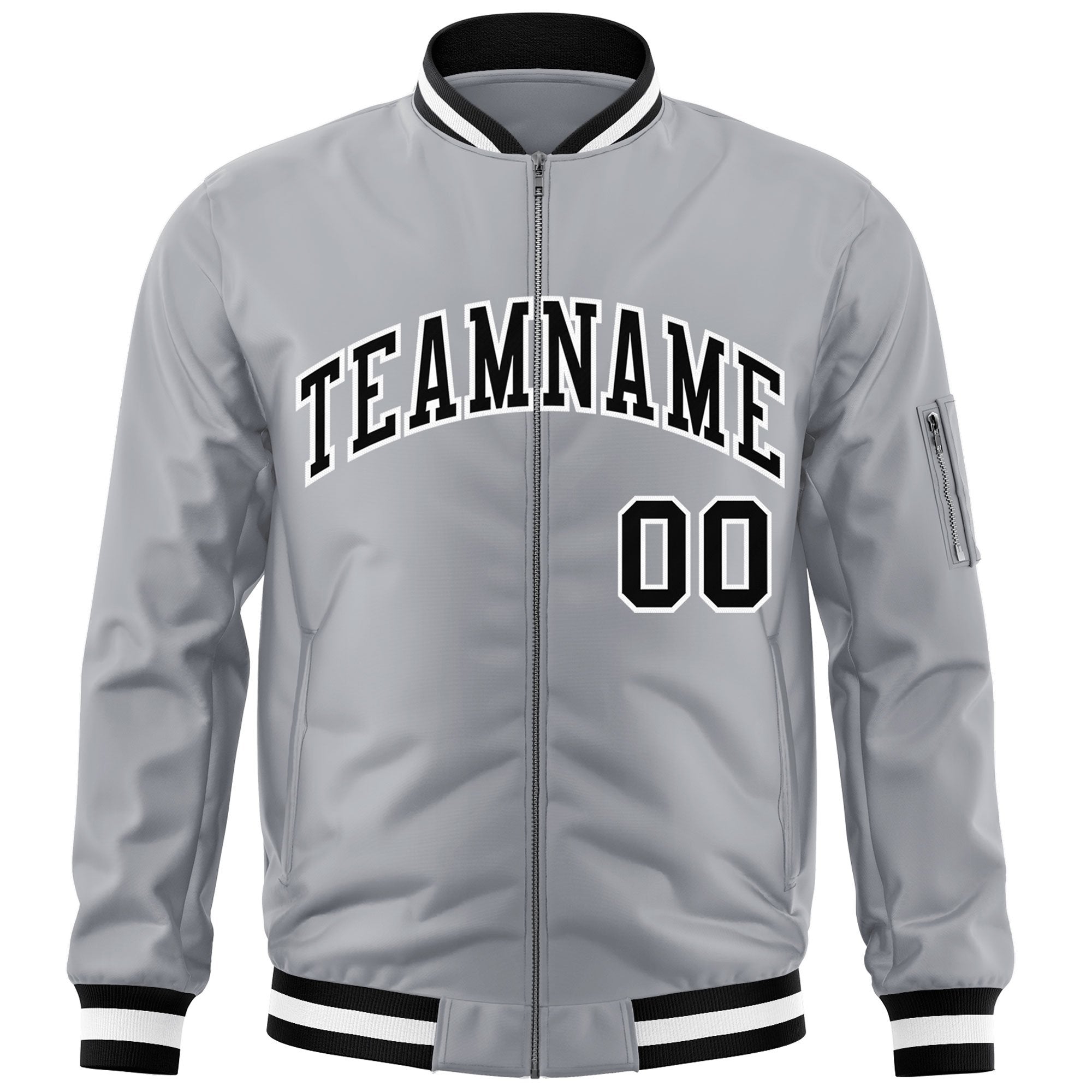 Custom Gray Black-White Varsity Full-Zip Letterman Bomber Jacket