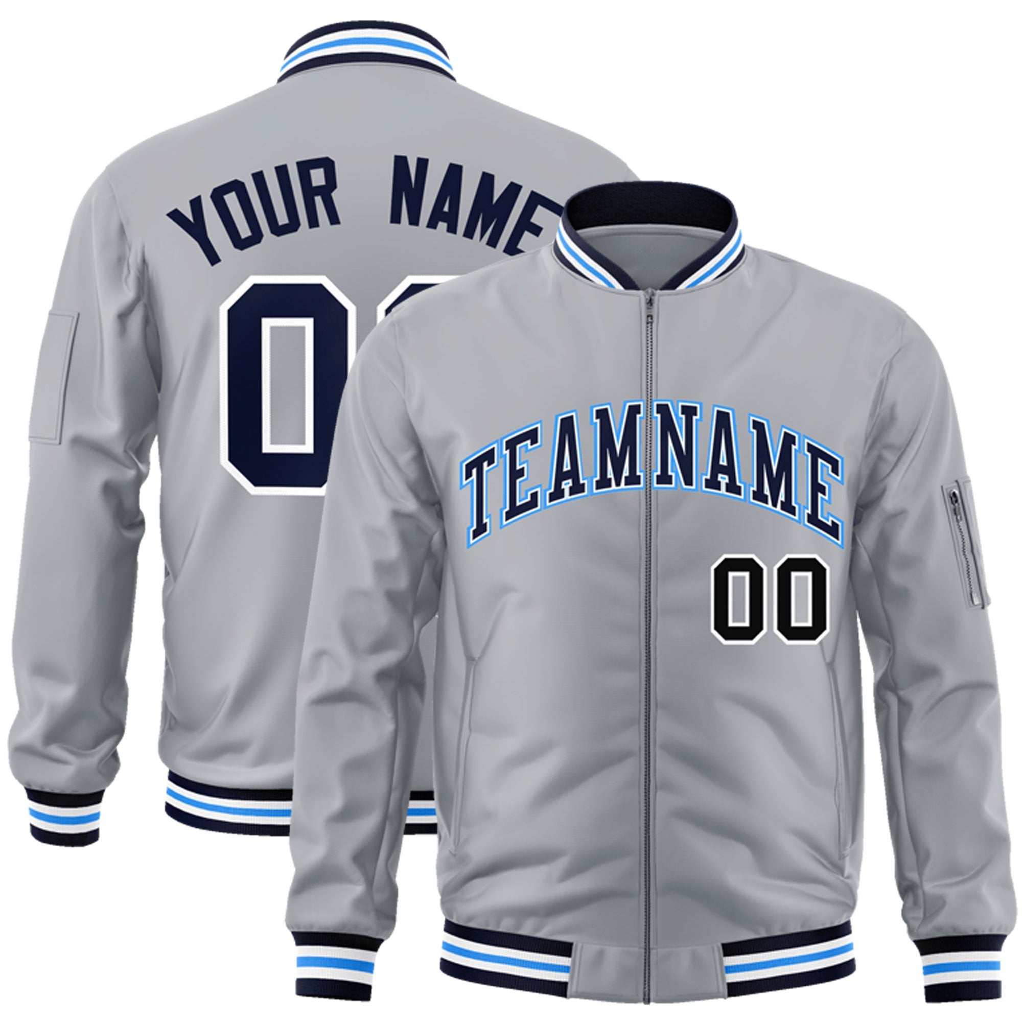 Custom Gray Navy-Powder Blue Varsity Full-Zip Letterman Bomber Jacket